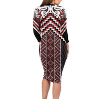Maori Tukutuku Taniko Motifs Long Sleeve Bodycon Dress Red Poutama Mix Kowhaiwhai