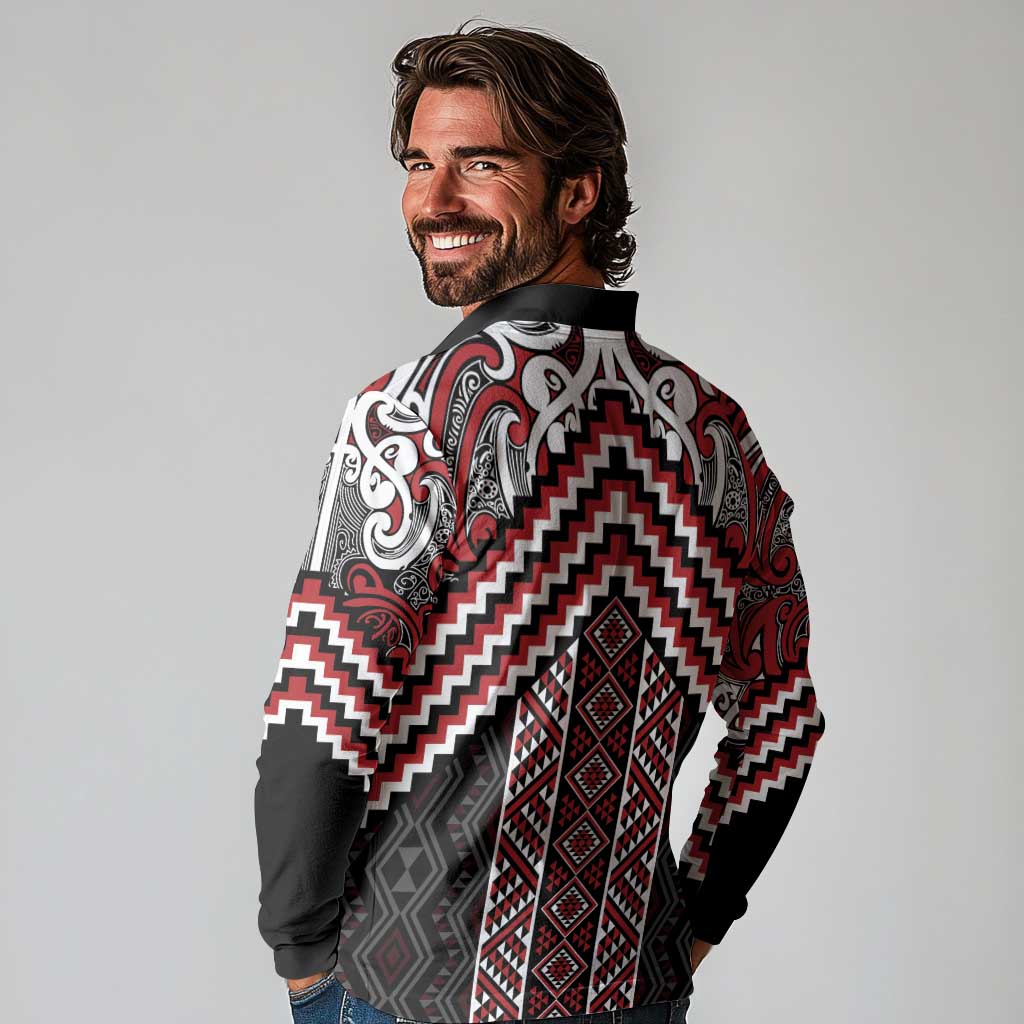 Maori Tukutuku Taniko Motifs Long Sleeve Polo Shirt Red Poutama Mix Kowhaiwhai