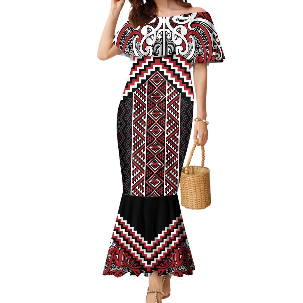 Maori Tukutuku Taniko Motifs Mermaid Dress Red Poutama Mix Kowhaiwhai