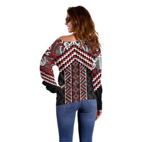Maori Tukutuku Taniko Motifs Off Shoulder Sweater Red Poutama Mix Kowhaiwhai