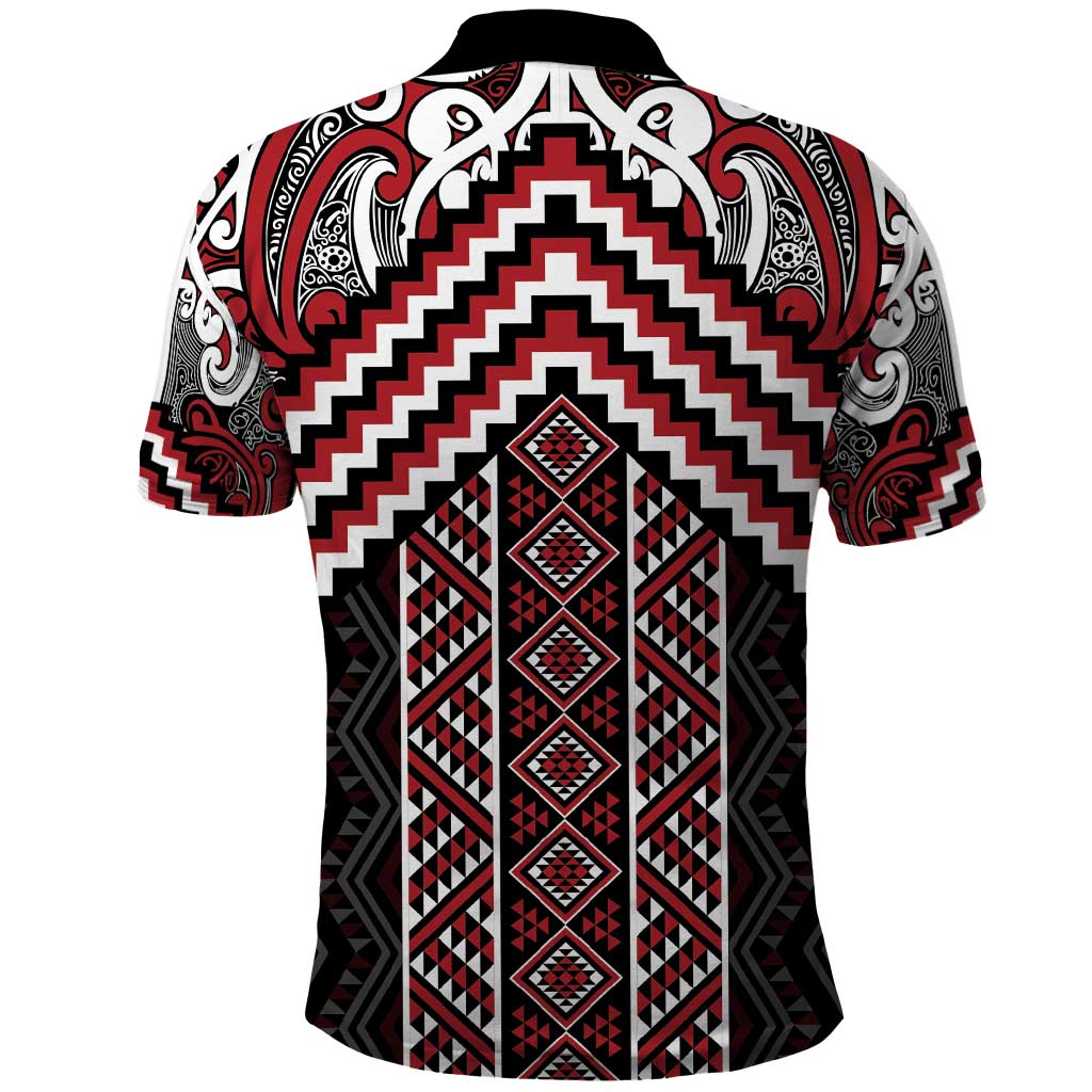 Maori Tukutuku Taniko Motifs Polo Shirt Red Poutama Mix Kowhaiwhai