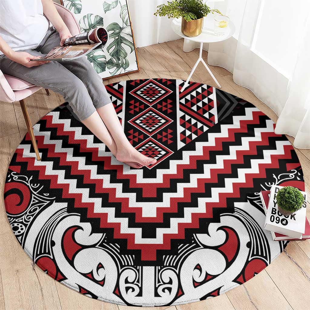 Maori Tukutuku Taniko Motifs Round Carpet Red Poutama Mix Kowhaiwhai LT7 - Polynesian Pride