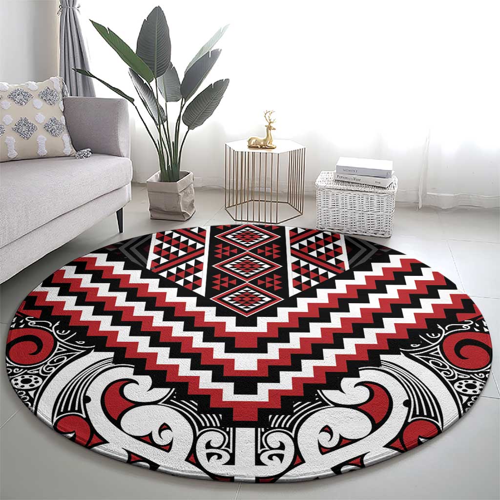 Maori Tukutuku Taniko Motifs Round Carpet Red Poutama Mix Kowhaiwhai LT7 - Polynesian Pride