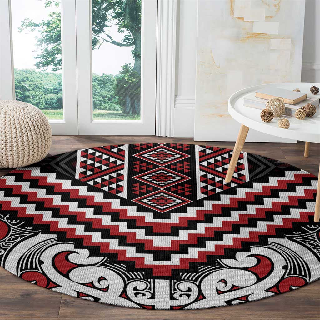 Maori Tukutuku Taniko Motifs Round Carpet Red Poutama Mix Kowhaiwhai LT7 - Polynesian Pride