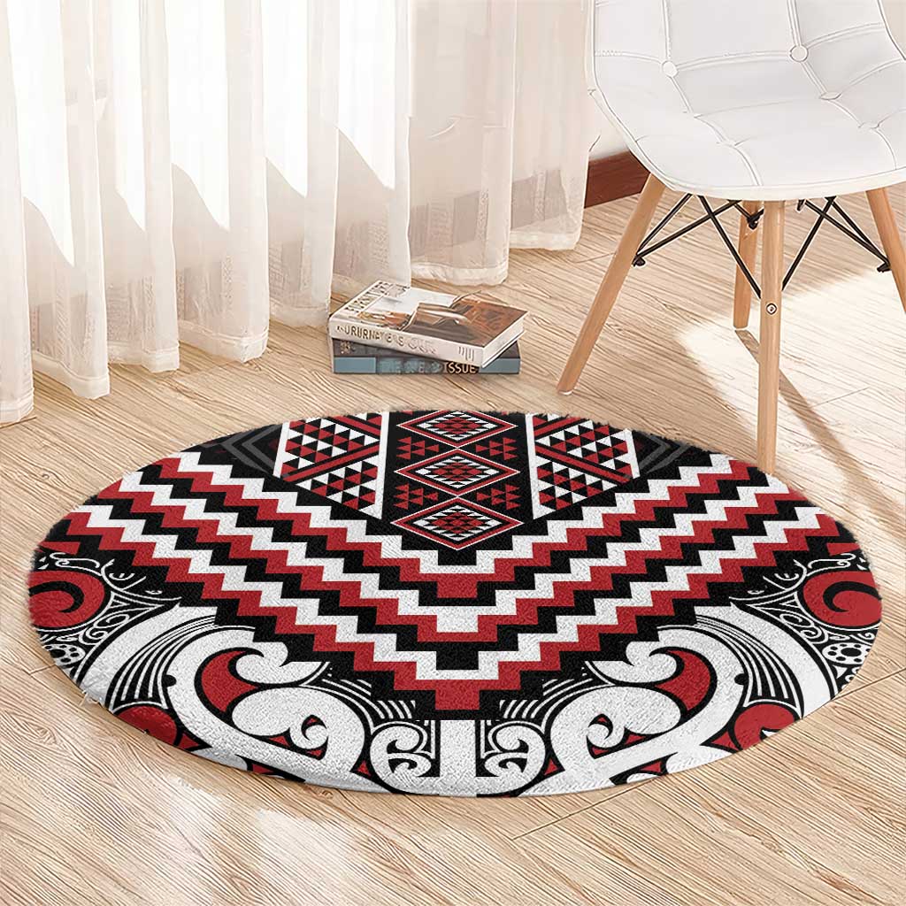Maori Tukutuku Taniko Motifs Round Carpet Red Poutama Mix Kowhaiwhai LT7 - Polynesian Pride
