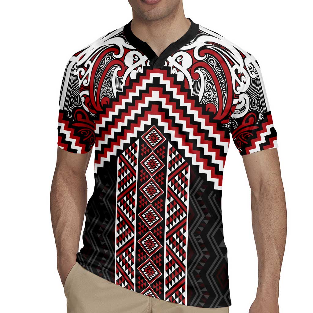 Maori Tukutuku Taniko Motifs Rugby Jersey Red Poutama Mix Kowhaiwhai