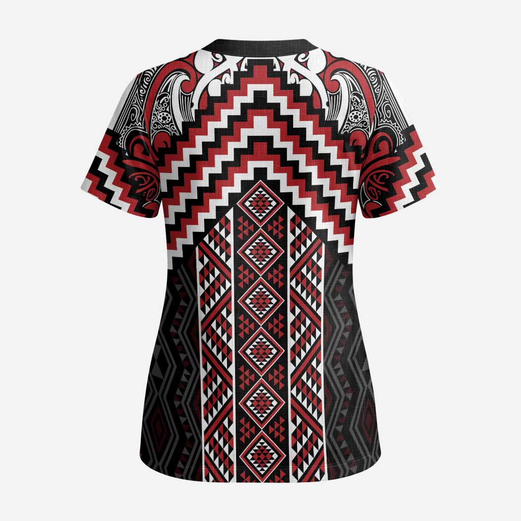 Maori Tukutuku Taniko Motifs Scrub Top Red Poutama Mix Kowhaiwhai - Polynesian Pride