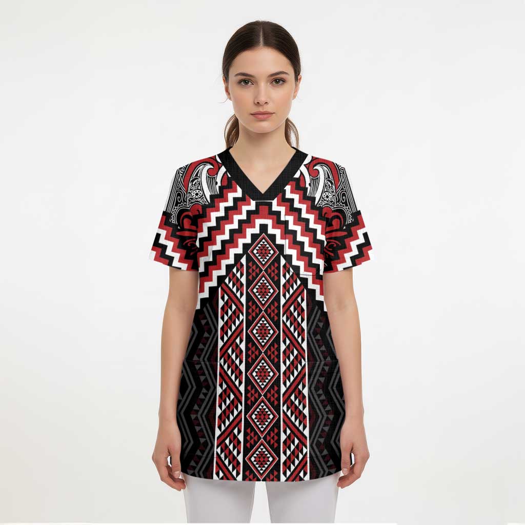 Maori Tukutuku Taniko Motifs Scrub Top Red Poutama Mix Kowhaiwhai - Polynesian Pride
