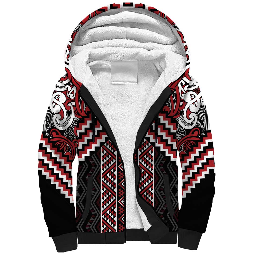 Maori Tukutuku Taniko Motifs Sherpa Hoodie Red Poutama Mix Kowhaiwhai
