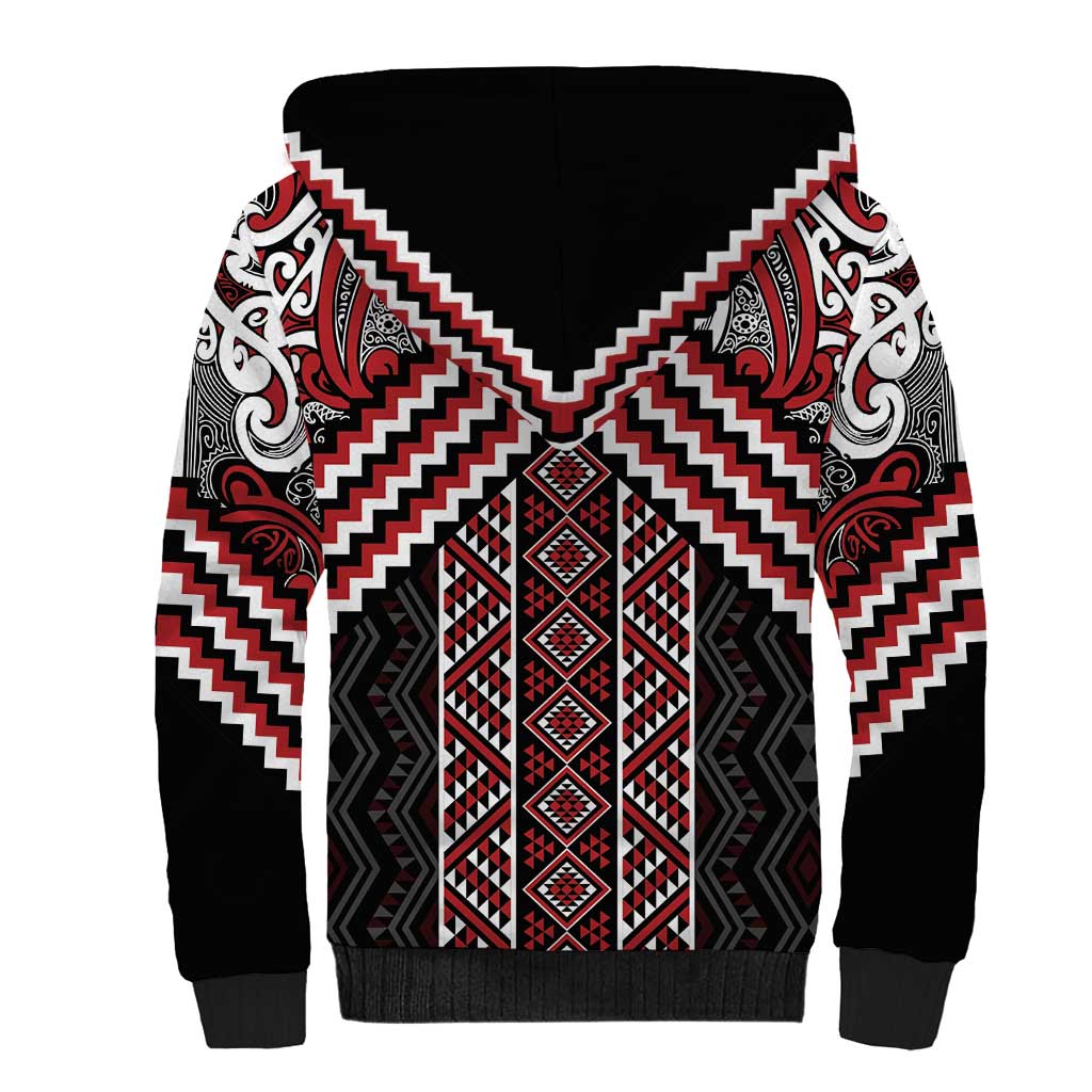 Maori Tukutuku Taniko Motifs Sherpa Hoodie Red Poutama Mix Kowhaiwhai