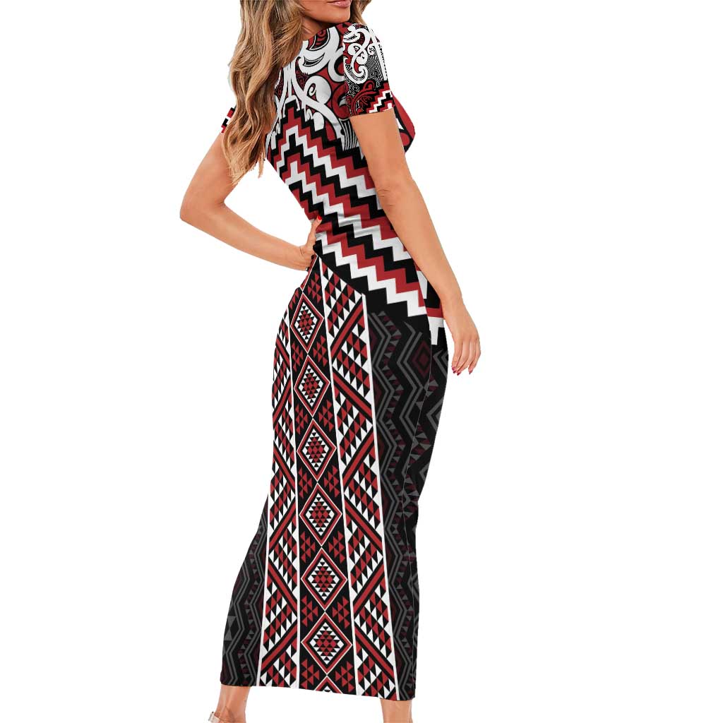 Maori Tukutuku Taniko Motifs Short Sleeve Bodycon Dress Red Poutama Mix Kowhaiwhai