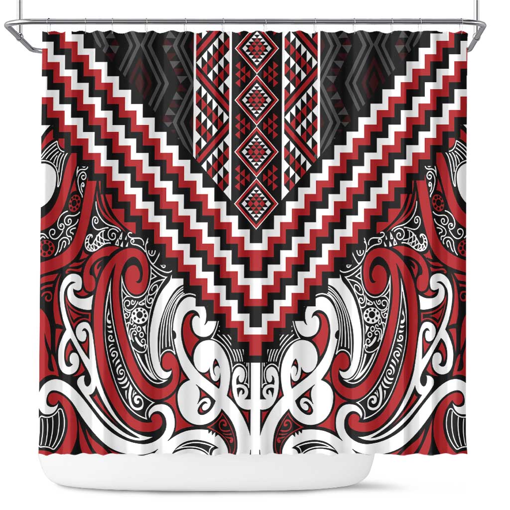 Maori Tukutuku Taniko Motifs Shower Curtain Red Poutama Mix Kowhaiwhai