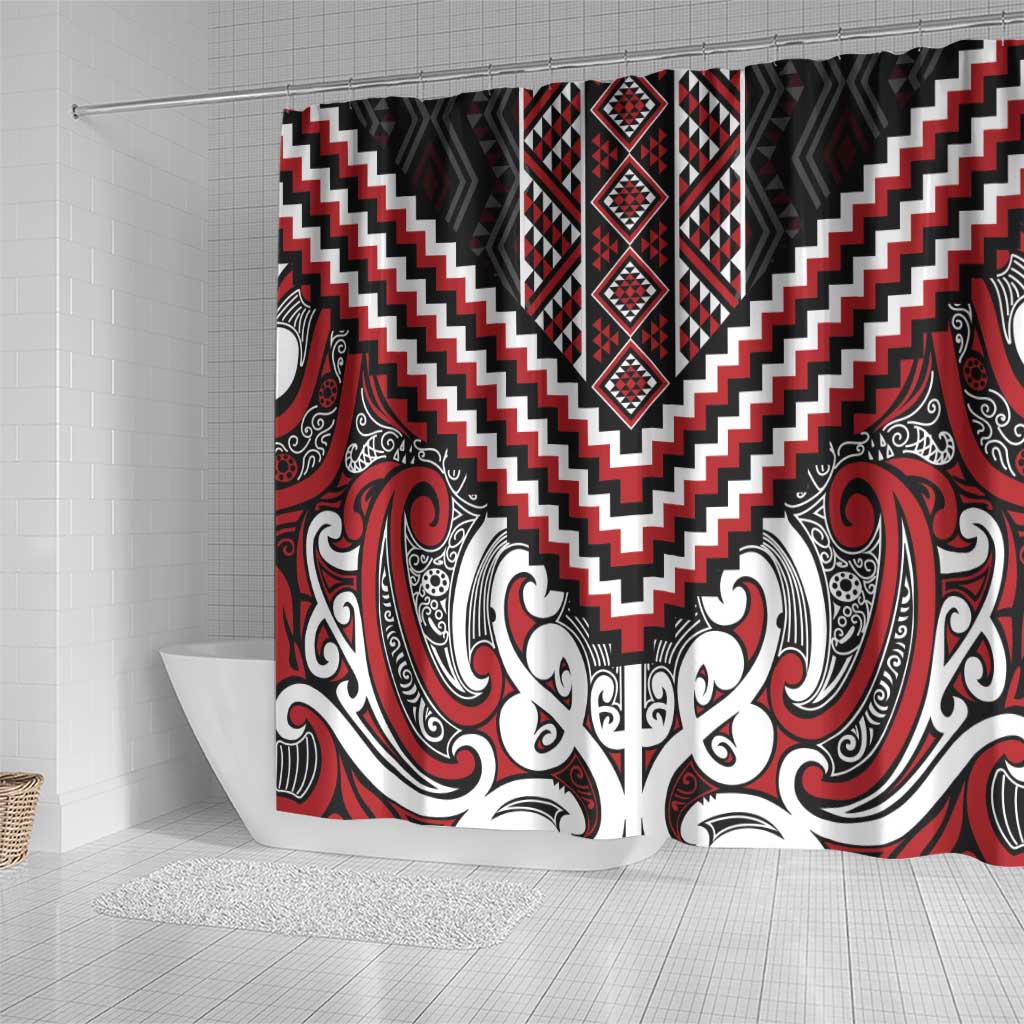 Maori Tukutuku Taniko Motifs Shower Curtain Red Poutama Mix Kowhaiwhai
