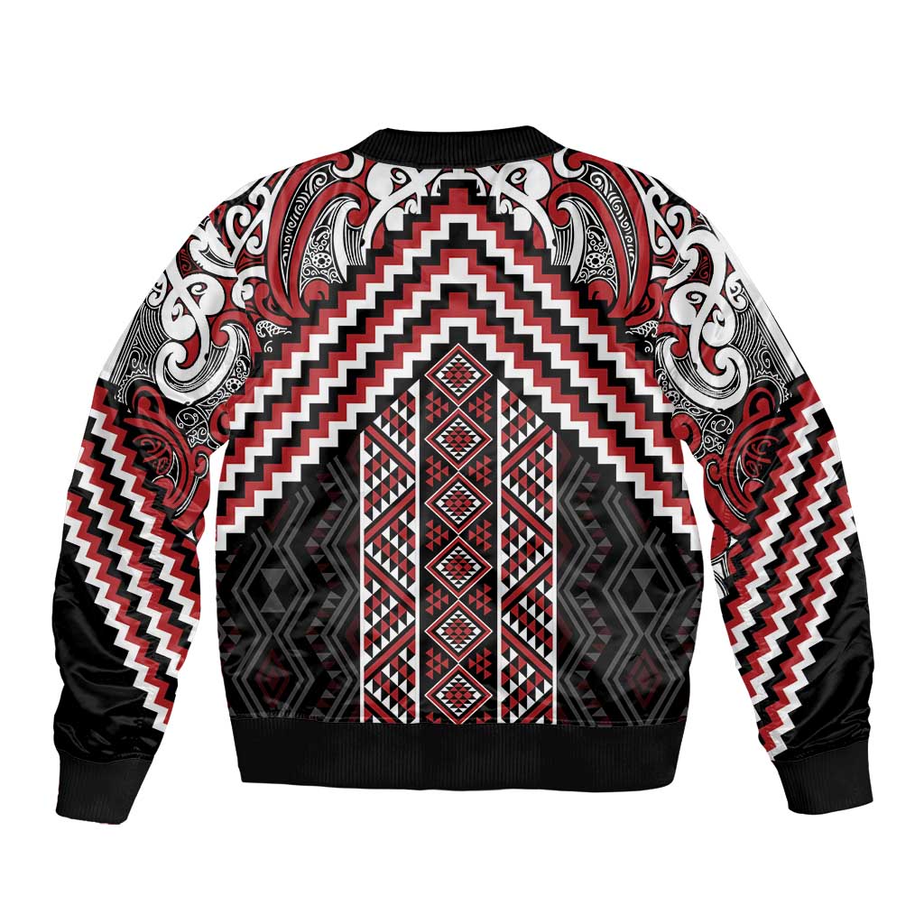 Maori Tukutuku Taniko Motifs Sleeve Zip Bomber Jacket Red Poutama Mix Kowhaiwhai LT7 - Polynesian Pride