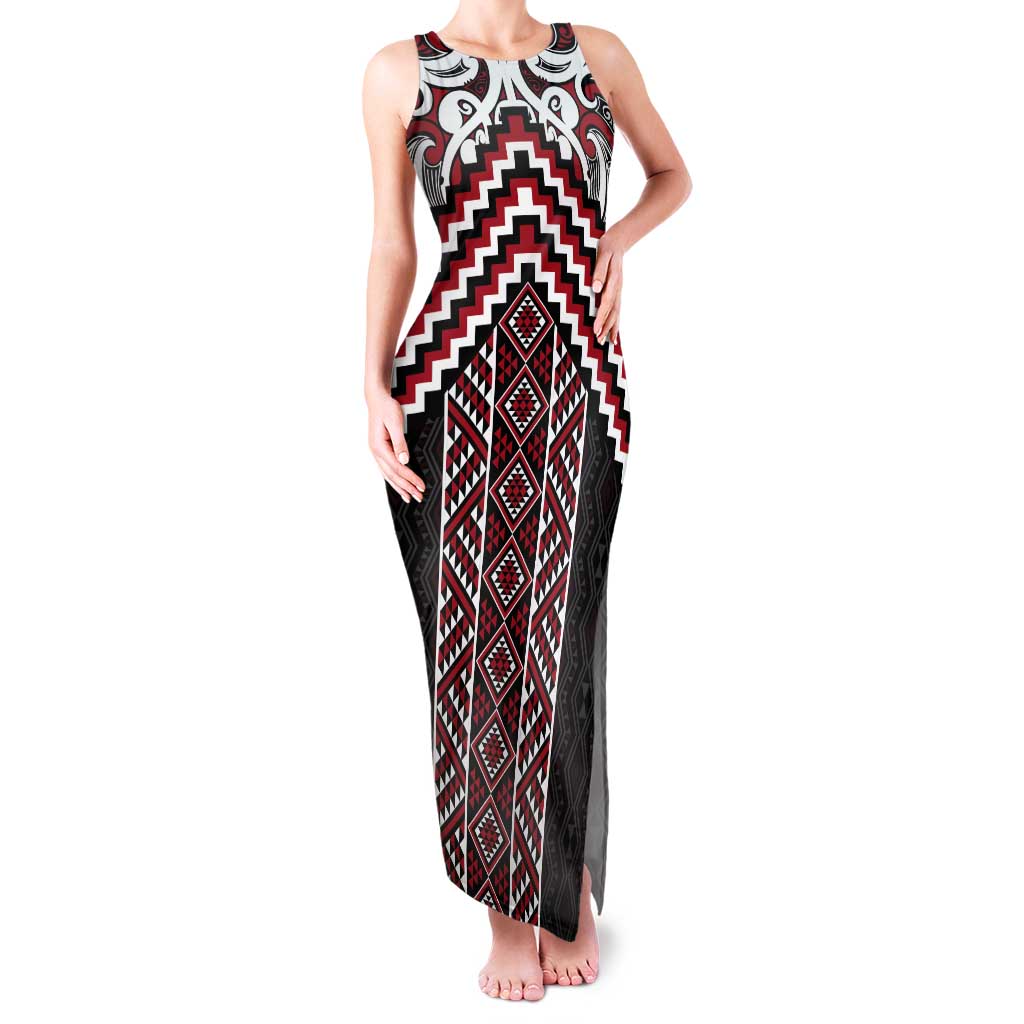 Maori Tukutuku Taniko Motifs Tank Maxi Dress Red Poutama Mix Kowhaiwhai