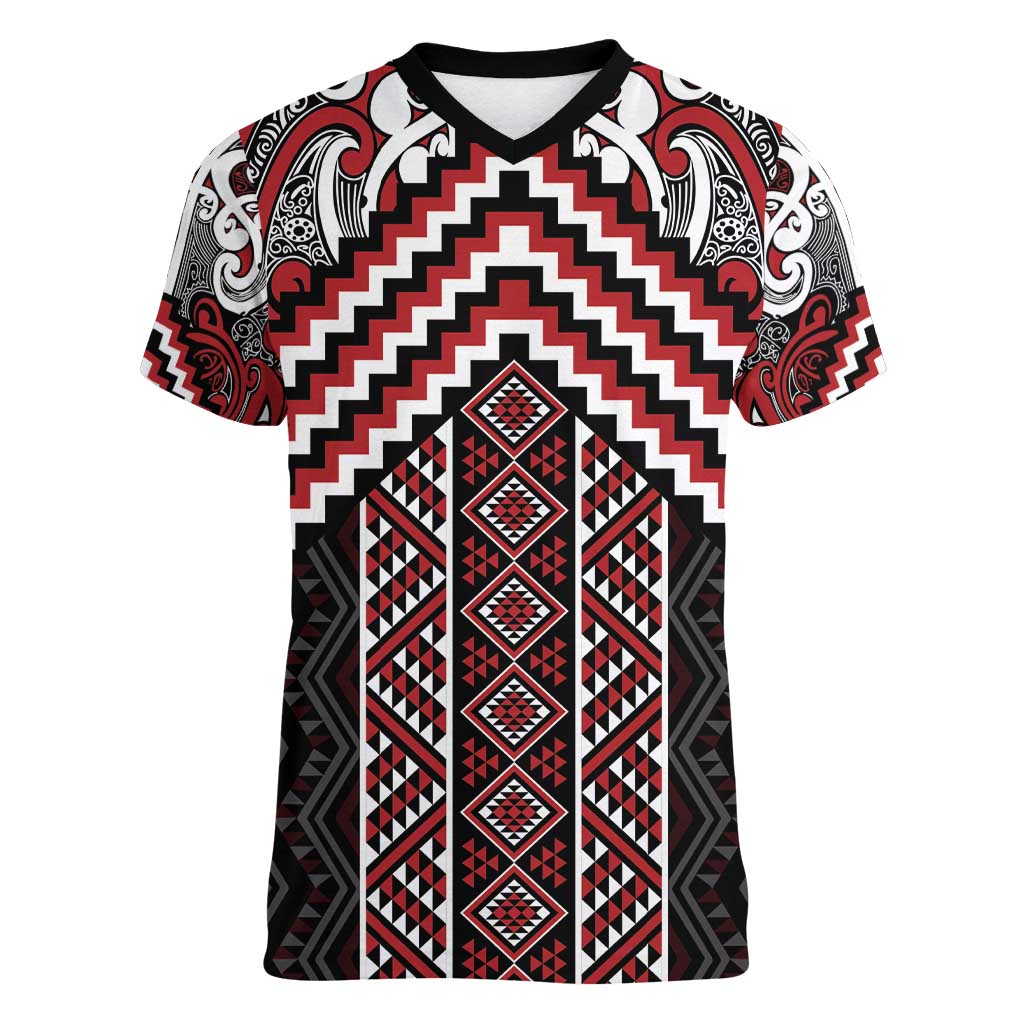 Maori Tukutuku Taniko Motifs Women V-Neck T-Shirt Red Poutama Mix Kowhaiwhai LT7 Female Red - Polynesian Pride