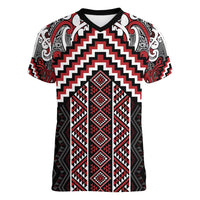 Maori Tukutuku Taniko Motifs Women V-Neck T-Shirt Red Poutama Mix Kowhaiwhai LT7 Female Red - Polynesian Pride