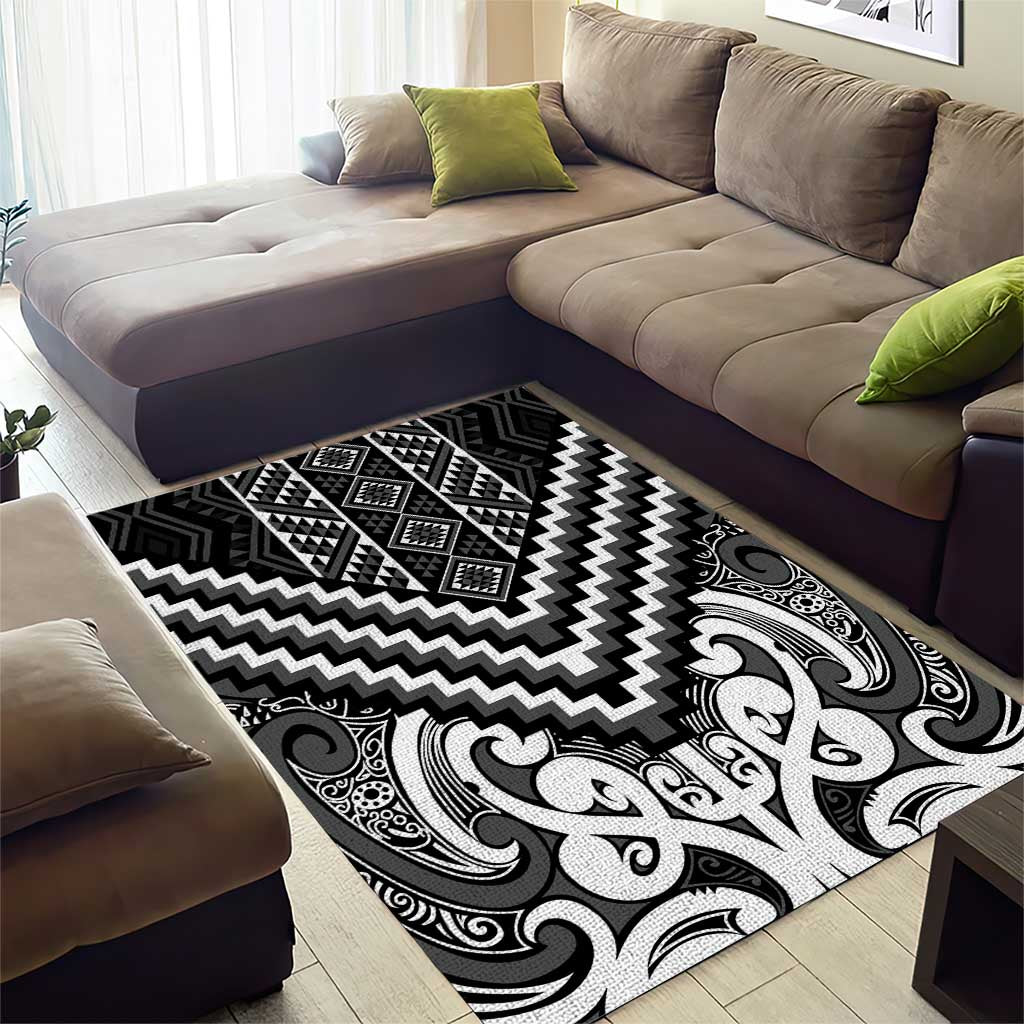 Maori Tukutuku Taniko Motifs Area Rug Black Poutama Mix Kowhaiwhai