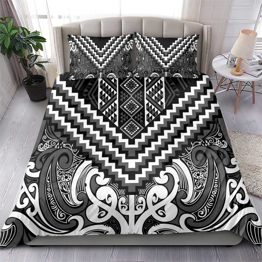 Maori Tukutuku Taniko Motifs Bedding Set Black Poutama Mix Kowhaiwhai