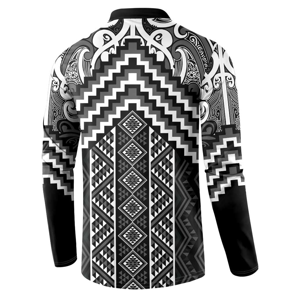 Maori Tukutuku Taniko Motifs Button Sweatshirt Black Poutama Mix Kowhaiwhai