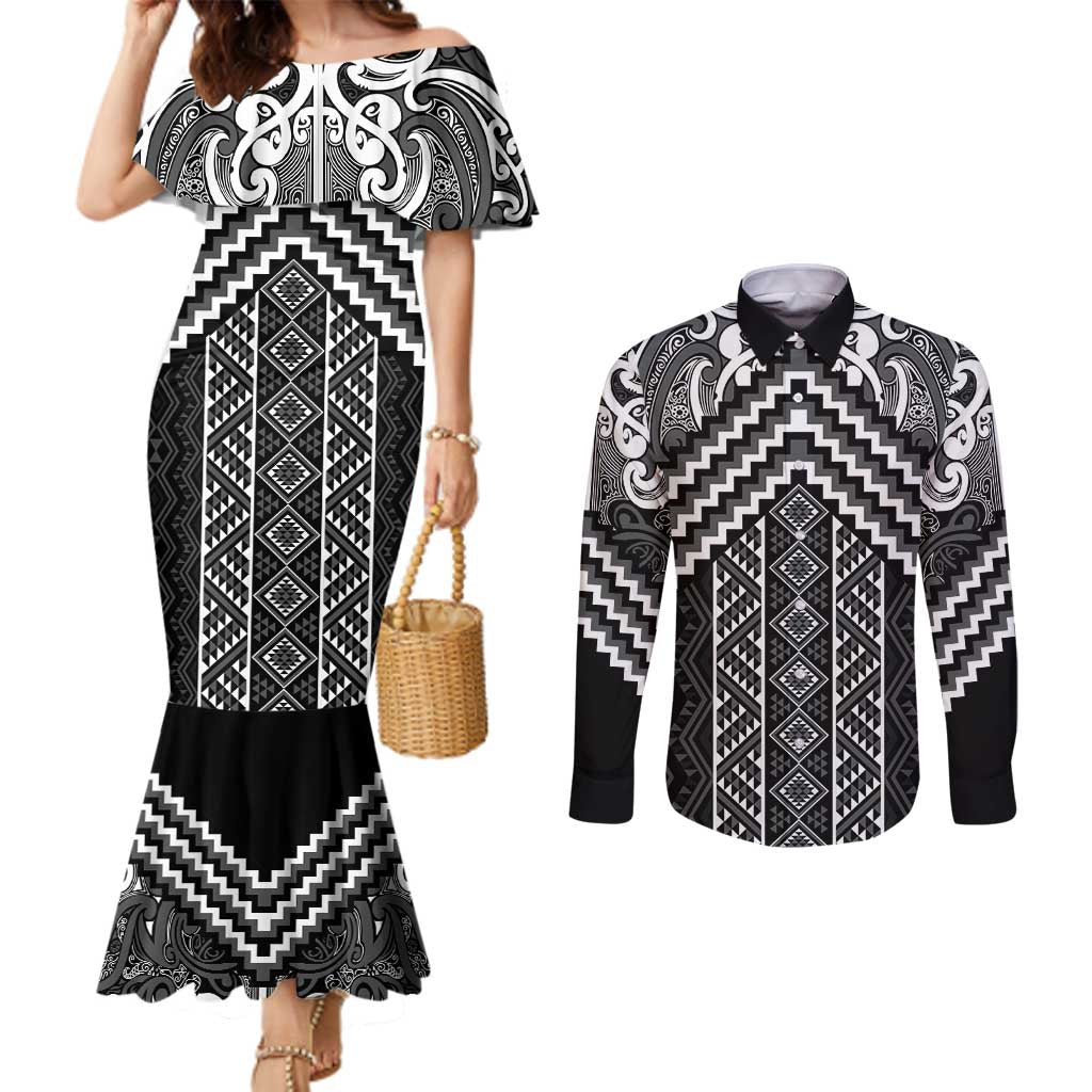 Maori Tukutuku Taniko Motifs Couples Matching Mermaid Dress and Long Sleeve Button Shirt Black Poutama Mix Kowhaiwhai LT7 Black - Polynesian Pride