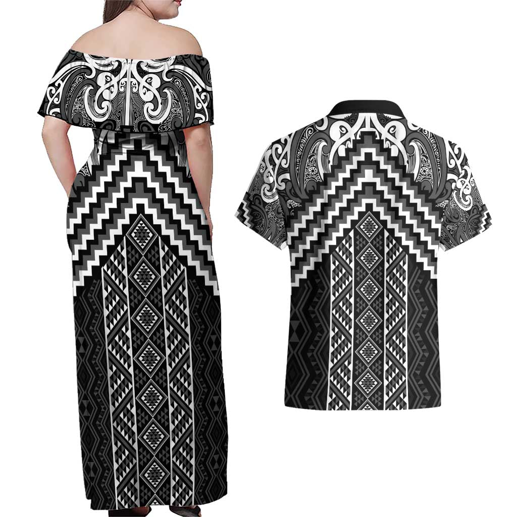 Maori Tukutuku Taniko Motifs Couples Matching Off Shoulder Maxi Dress and Hawaiian Shirt Black Poutama Mix Kowhaiwhai