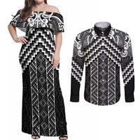 Maori Tukutuku Taniko Motifs Couples Matching Off Shoulder Maxi Dress and Long Sleeve Button Shirt Black Poutama Mix Kowhaiwhai LT7 Black - Polynesian Pride
