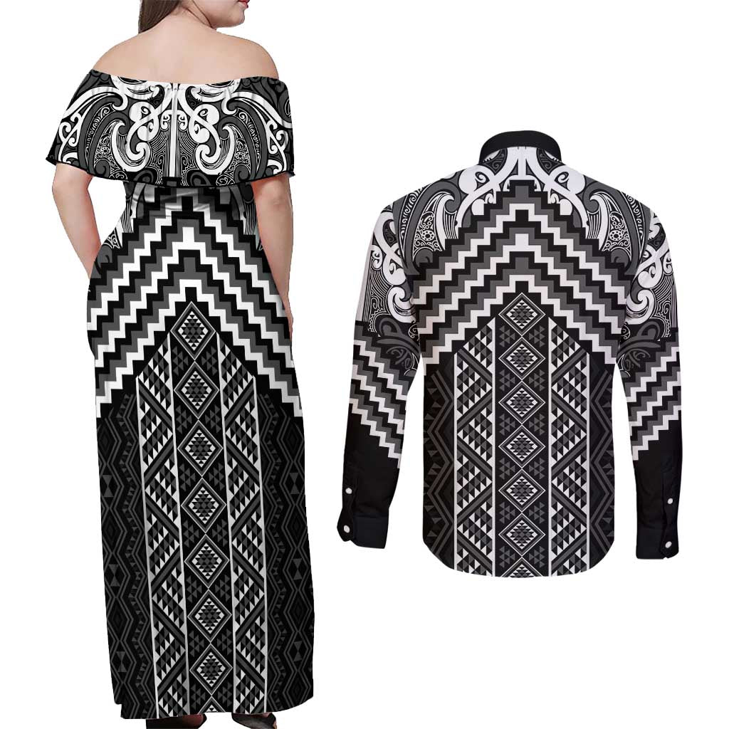 Maori Tukutuku Taniko Motifs Couples Matching Off Shoulder Maxi Dress and Long Sleeve Button Shirt Black Poutama Mix Kowhaiwhai LT7 - Polynesian Pride