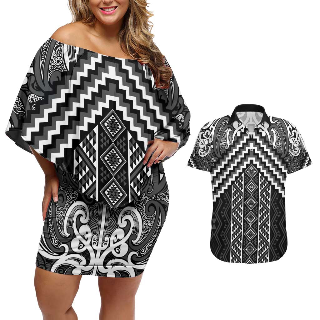 Maori Tukutuku Taniko Motifs Couples Matching Off Shoulder Short Dress and Hawaiian Shirt Black Poutama Mix Kowhaiwhai