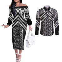 Maori Tukutuku Taniko Motifs Couples Matching Off The Shoulder Long Sleeve Dress and Long Sleeve Button Shirt Black Poutama Mix Kowhaiwhai LT7 Black - Polynesian Pride
