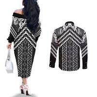 Maori Tukutuku Taniko Motifs Couples Matching Off The Shoulder Long Sleeve Dress and Long Sleeve Button Shirt Black Poutama Mix Kowhaiwhai LT7 - Polynesian Pride