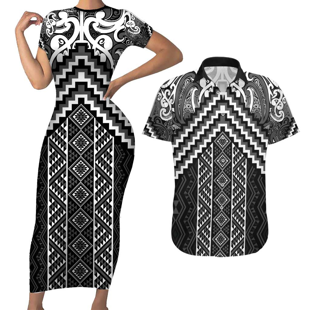 Maori Tukutuku Taniko Motifs Couples Matching Short Sleeve Bodycon Dress and Hawaiian Shirt Black Poutama Mix Kowhaiwhai