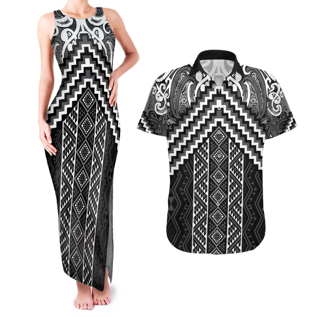 Maori Tukutuku Taniko Motifs Couples Matching Tank Maxi Dress and Hawaiian Shirt Black Poutama Mix Kowhaiwhai