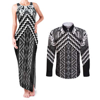 Maori Tukutuku Taniko Motifs Couples Matching Tank Maxi Dress and Long Sleeve Button Shirt Black Poutama Mix Kowhaiwhai LT7 Black - Polynesian Pride