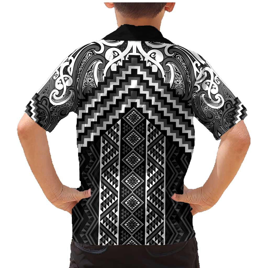 Maori Tukutuku Taniko Motifs Family Matching Mermaid Dress and Hawaiian Shirt Black Poutama Mix Kowhaiwhai