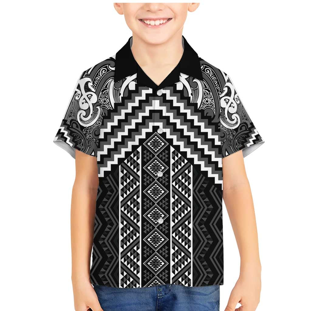 Maori Tukutuku Taniko Motifs Family Matching Mermaid Dress and Hawaiian Shirt Black Poutama Mix Kowhaiwhai
