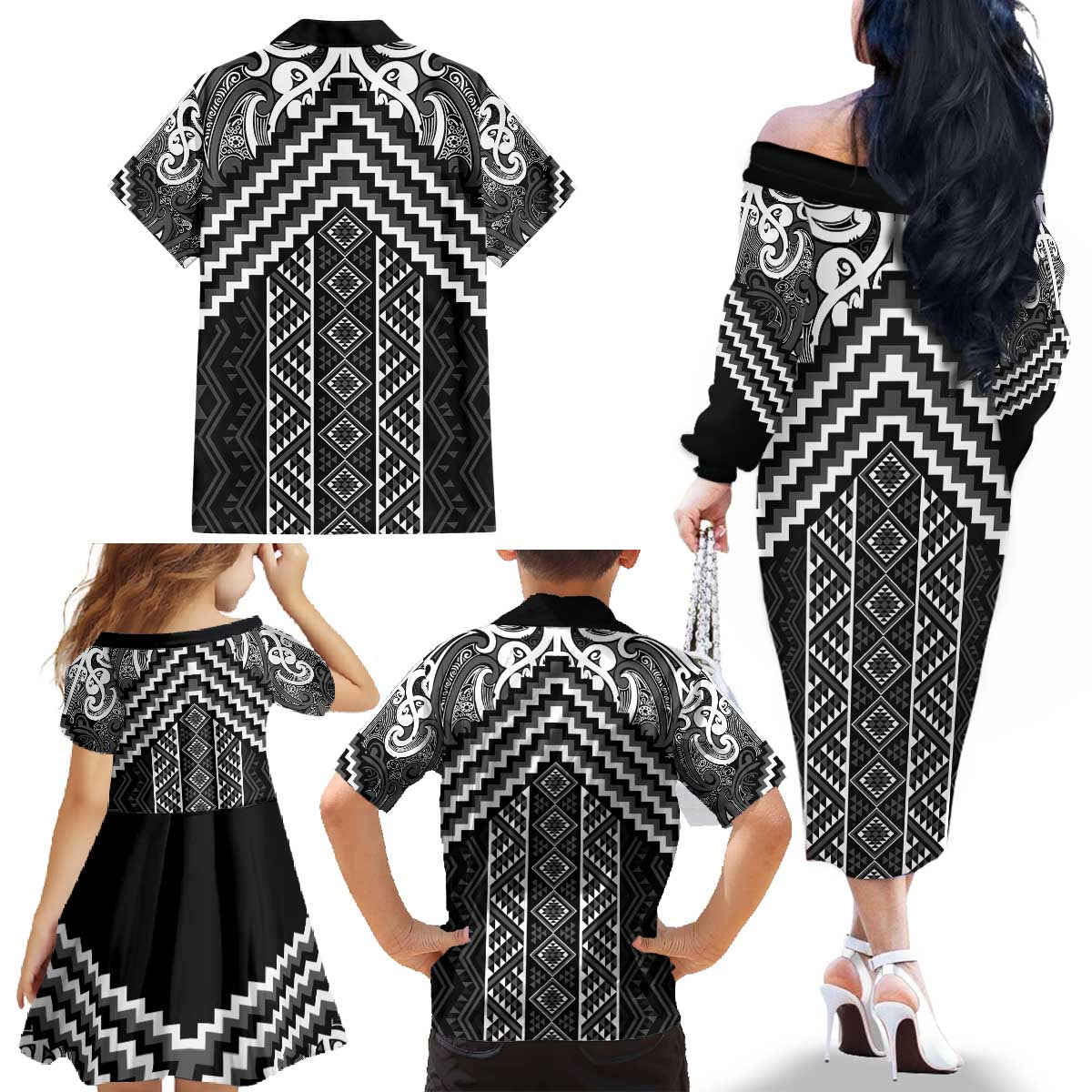 Maori Tukutuku Taniko Motifs Family Matching Off The Shoulder Long Sleeve Dress and Hawaiian Shirt Black Poutama Mix Kowhaiwhai
