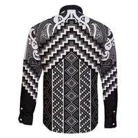 Maori Tukutuku Taniko Motifs Family Matching Off The Shoulder Long Sleeve Dress and Hawaiian Shirt Black Poutama Mix Kowhaiwhai