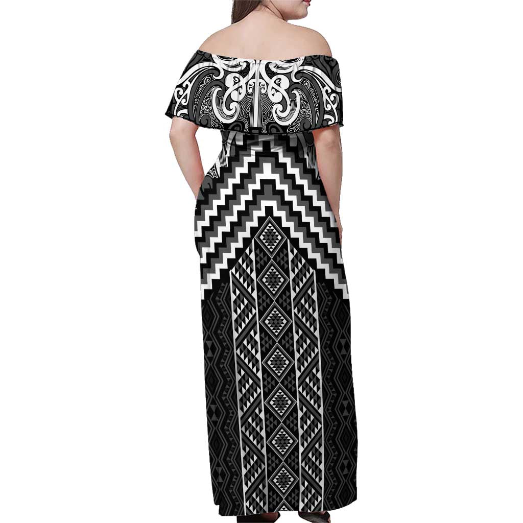 Maori Tukutuku Taniko Motifs Family Matching Off Shoulder Maxi Dress and Hawaiian Shirt Black Poutama Mix Kowhaiwhai