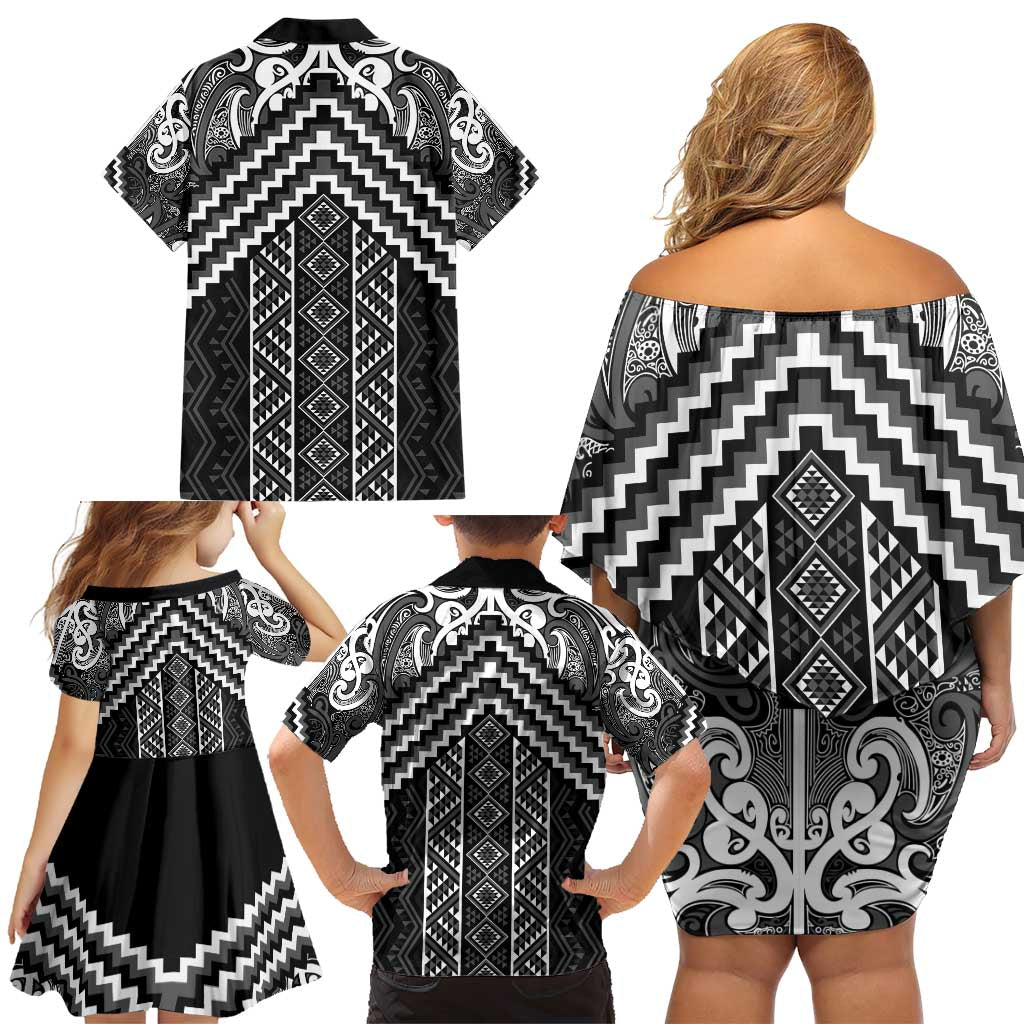 Maori Tukutuku Taniko Motifs Family Matching Off Shoulder Short Dress and Hawaiian Shirt Black Poutama Mix Kowhaiwhai