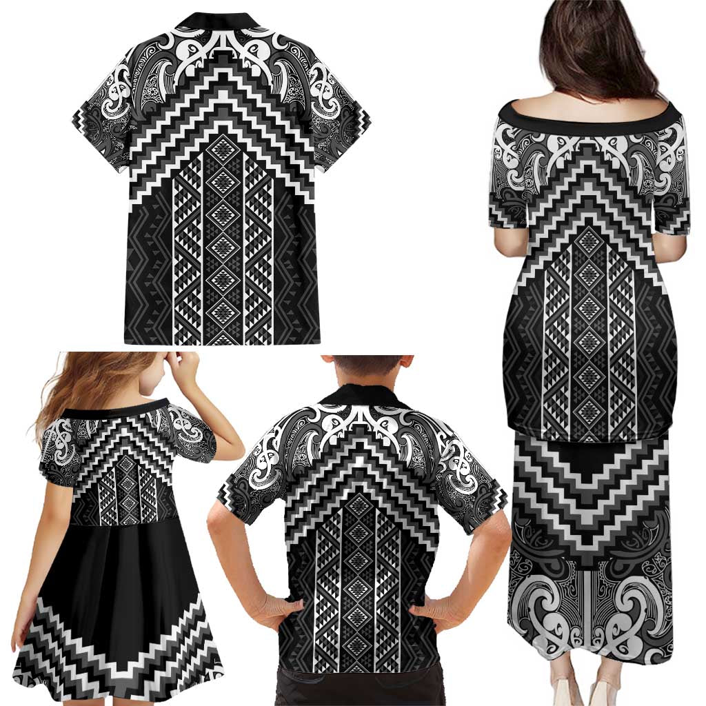 Maori Tukutuku Taniko Motifs Family Matching Puletasi and Hawaiian Shirt Black Poutama Mix Kowhaiwhai