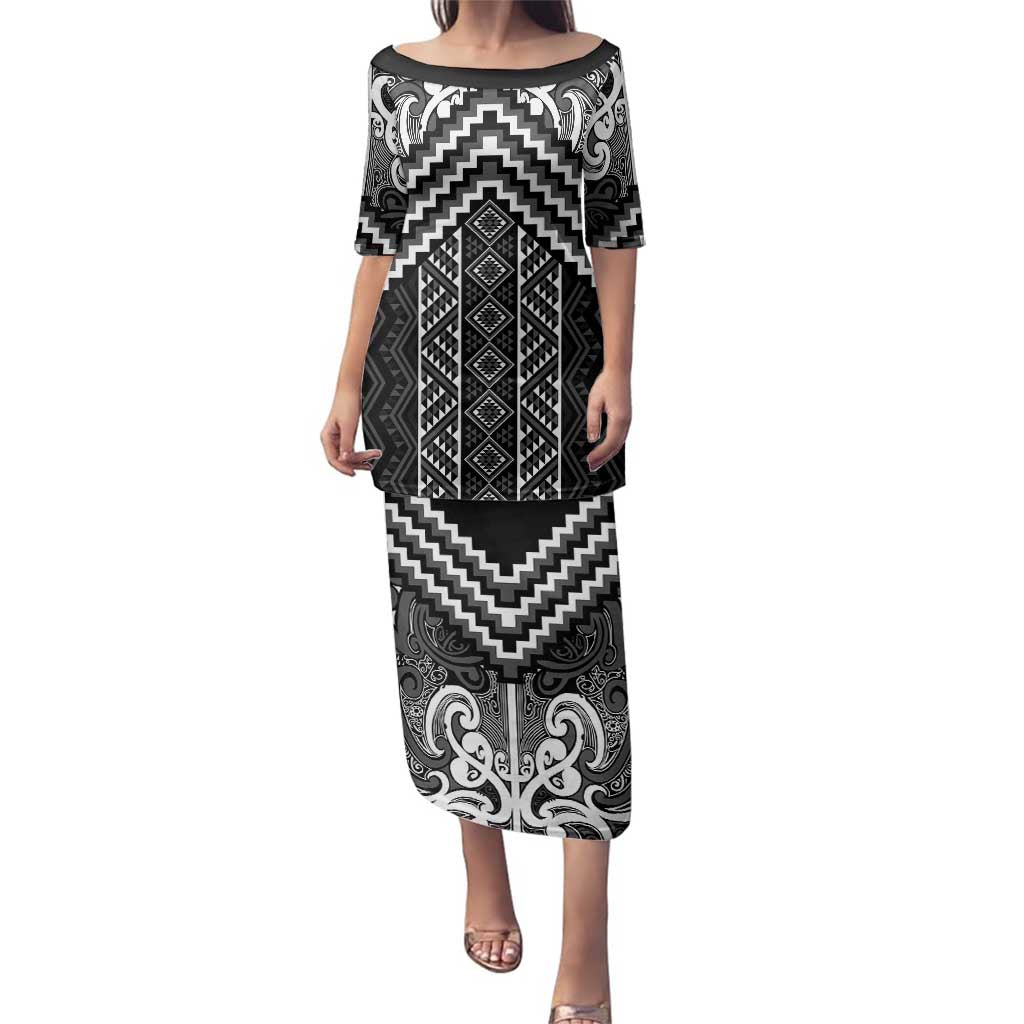 Maori Tukutuku Taniko Motifs Family Matching Puletasi and Hawaiian Shirt Black Poutama Mix Kowhaiwhai