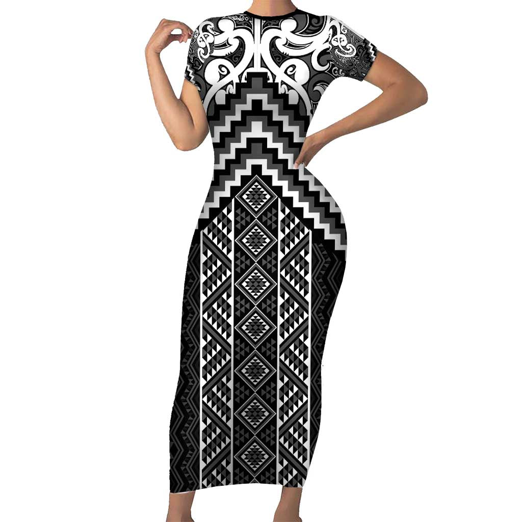 Maori Tukutuku Taniko Motifs Family Matching Short Sleeve Bodycon Dress and Hawaiian Shirt Black Poutama Mix Kowhaiwhai