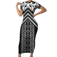 Maori Tukutuku Taniko Motifs Family Matching Short Sleeve Bodycon Dress and Hawaiian Shirt Black Poutama Mix Kowhaiwhai