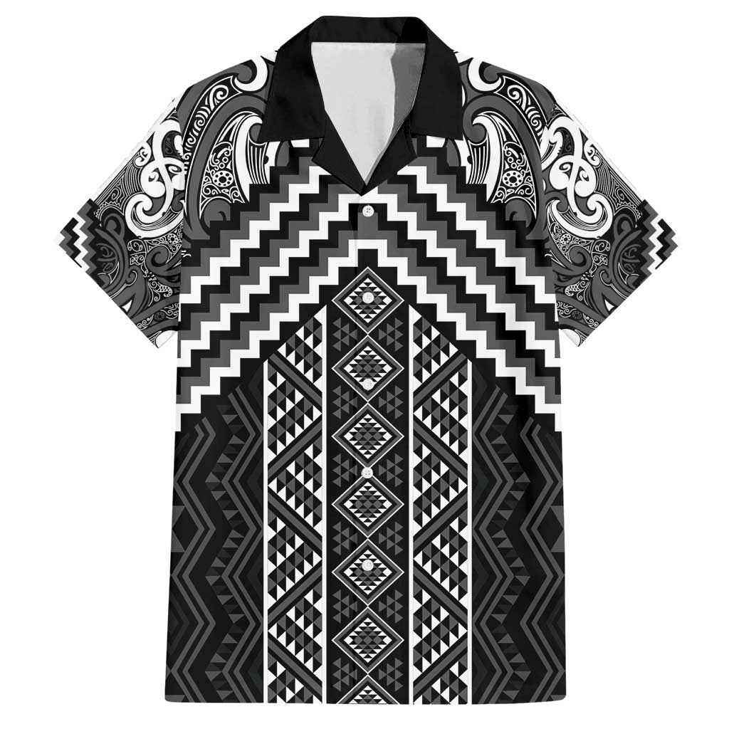 Maori Tukutuku Taniko Motifs Family Matching Summer Maxi Dress and Hawaiian Shirt Black Poutama Mix Kowhaiwhai