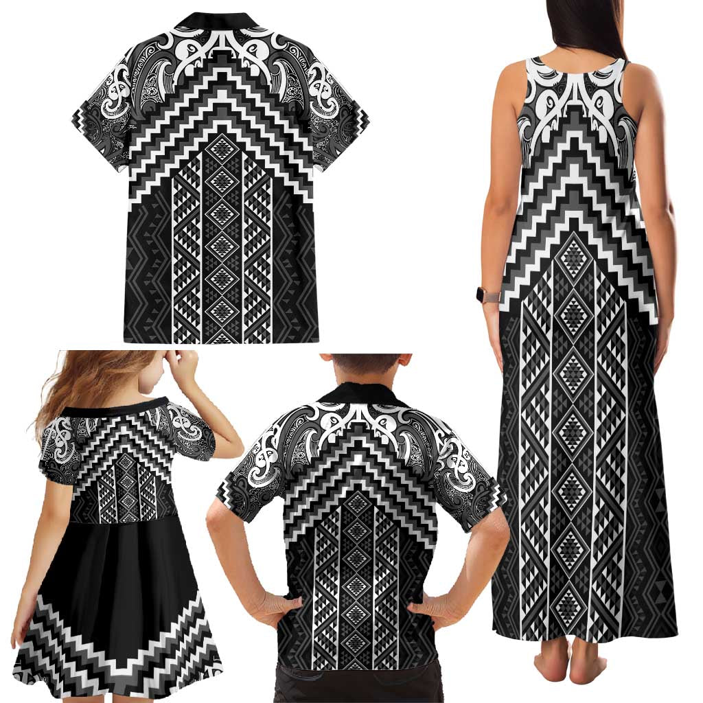 Maori Tukutuku Taniko Motifs Family Matching Tank Maxi Dress and Hawaiian Shirt Black Poutama Mix Kowhaiwhai