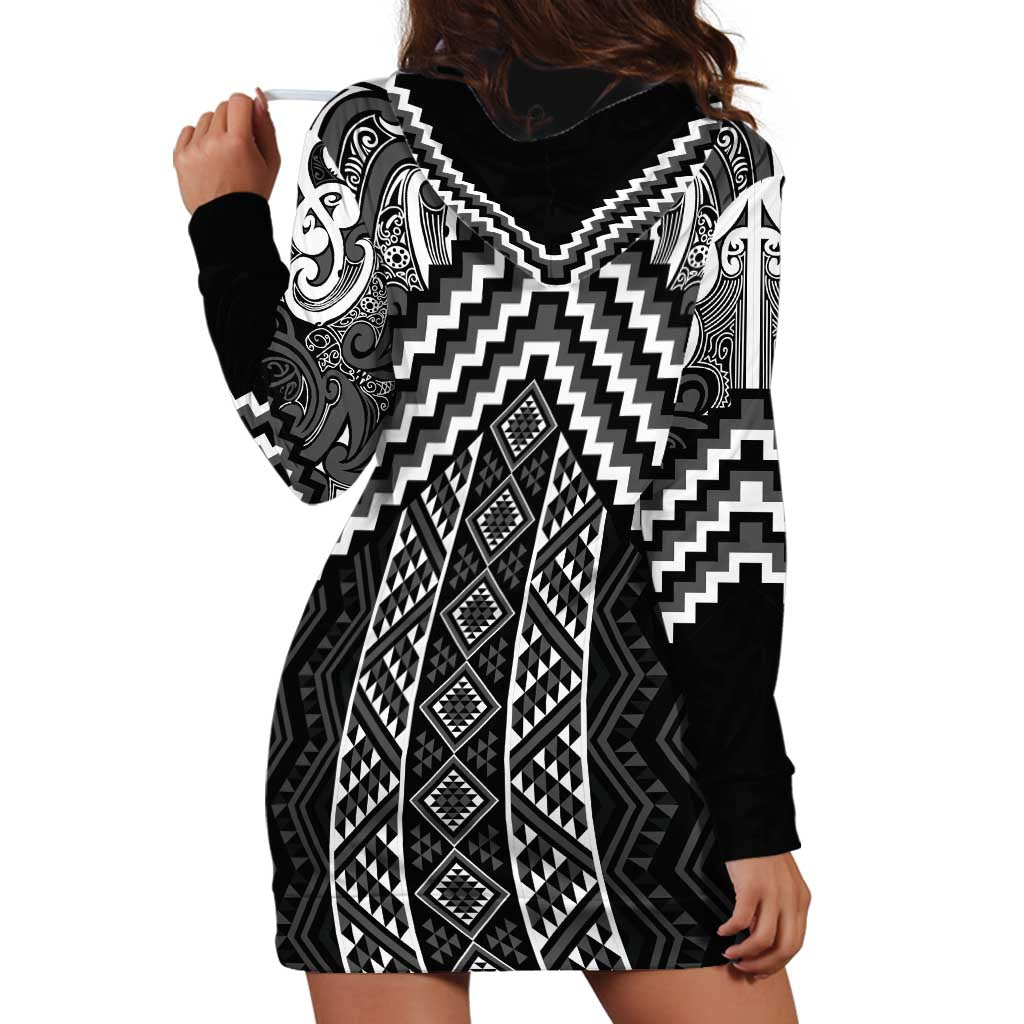 Maori Tukutuku Taniko Motifs Hoodie Dress Black Poutama Mix Kowhaiwhai