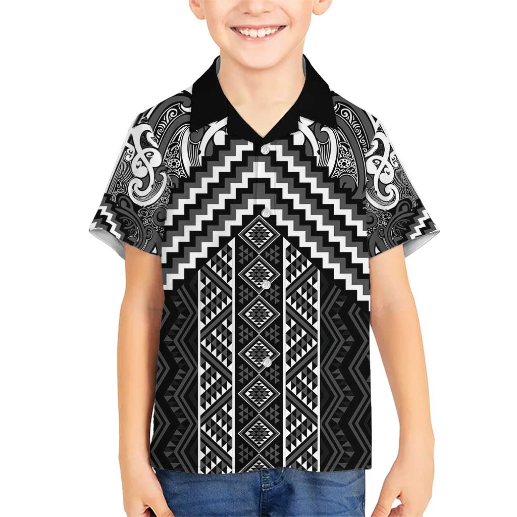 Maori Tukutuku Taniko Motifs Kid Hawaiian Shirt Black Poutama Mix Kowhaiwhai