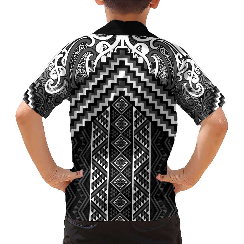 Maori Tukutuku Taniko Motifs Kid Hawaiian Shirt Black Poutama Mix Kowhaiwhai