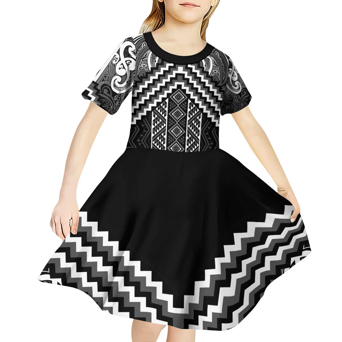 Maori Tukutuku Taniko Motifs Kid Short Sleeve Dress Black Poutama Mix Kowhaiwhai